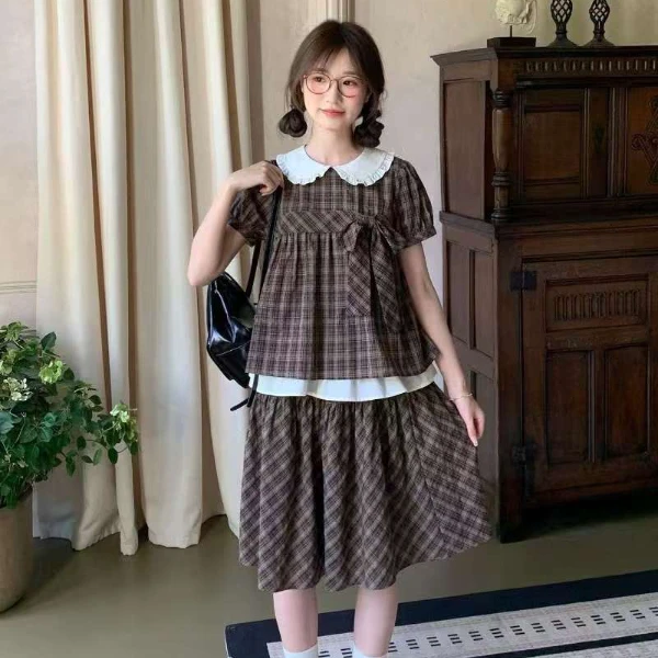 2025夏季新款大码女装韩版显瘦减龄甜美风娃娃领格子上衣半身裙