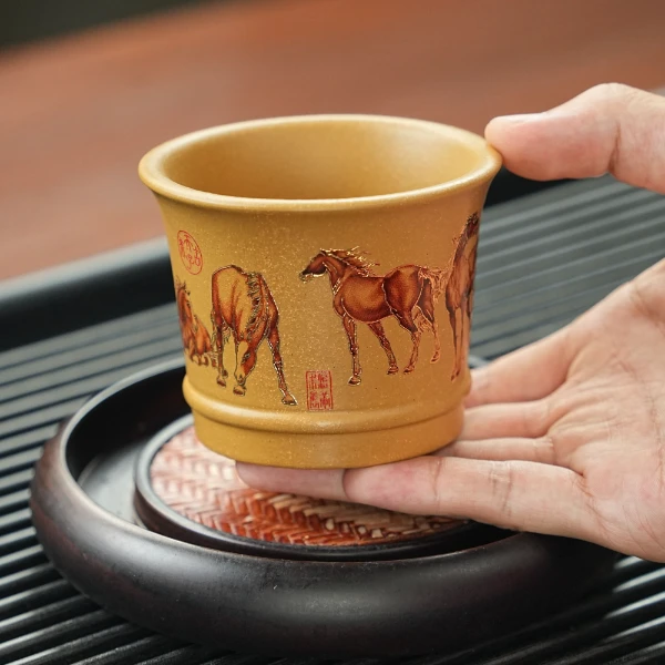 宜兴原矿段泥手工卡金丝八骏图紫砂主人杯ZYL