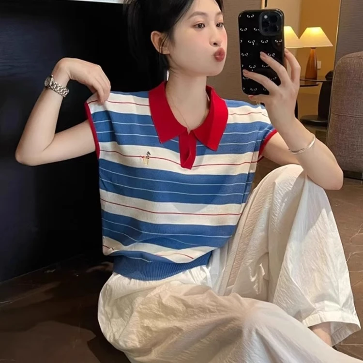 撞色条纹polo领针织冰丝小飞袖短款上衣女夏季小个子正肩短袖t恤