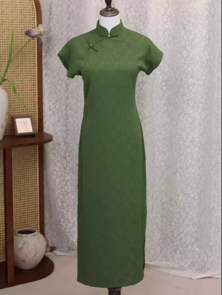 【竹影】复古古法全开襟旗袍绿色日常夏季气质新中式中国风连衣裙