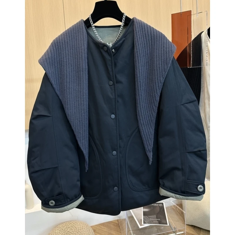 高端欧货冬季新款设计感配披肩两面穿宽松圆领单排扣棉服厚外套女