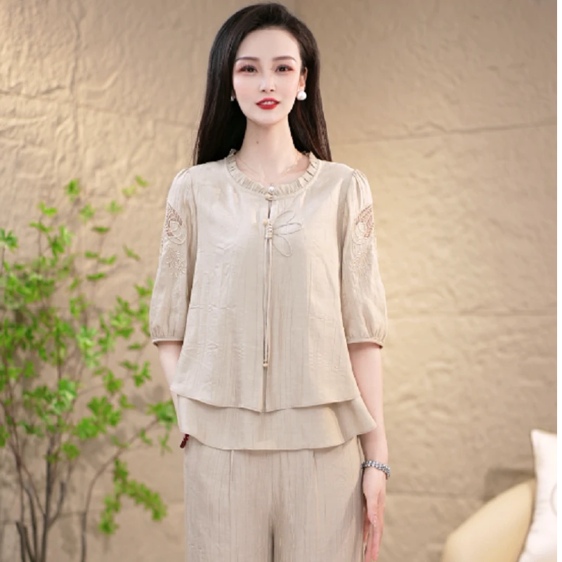 洋气套装中国风休闲风复古气质中式唐装夏装法式阔腿宽松提花夏季