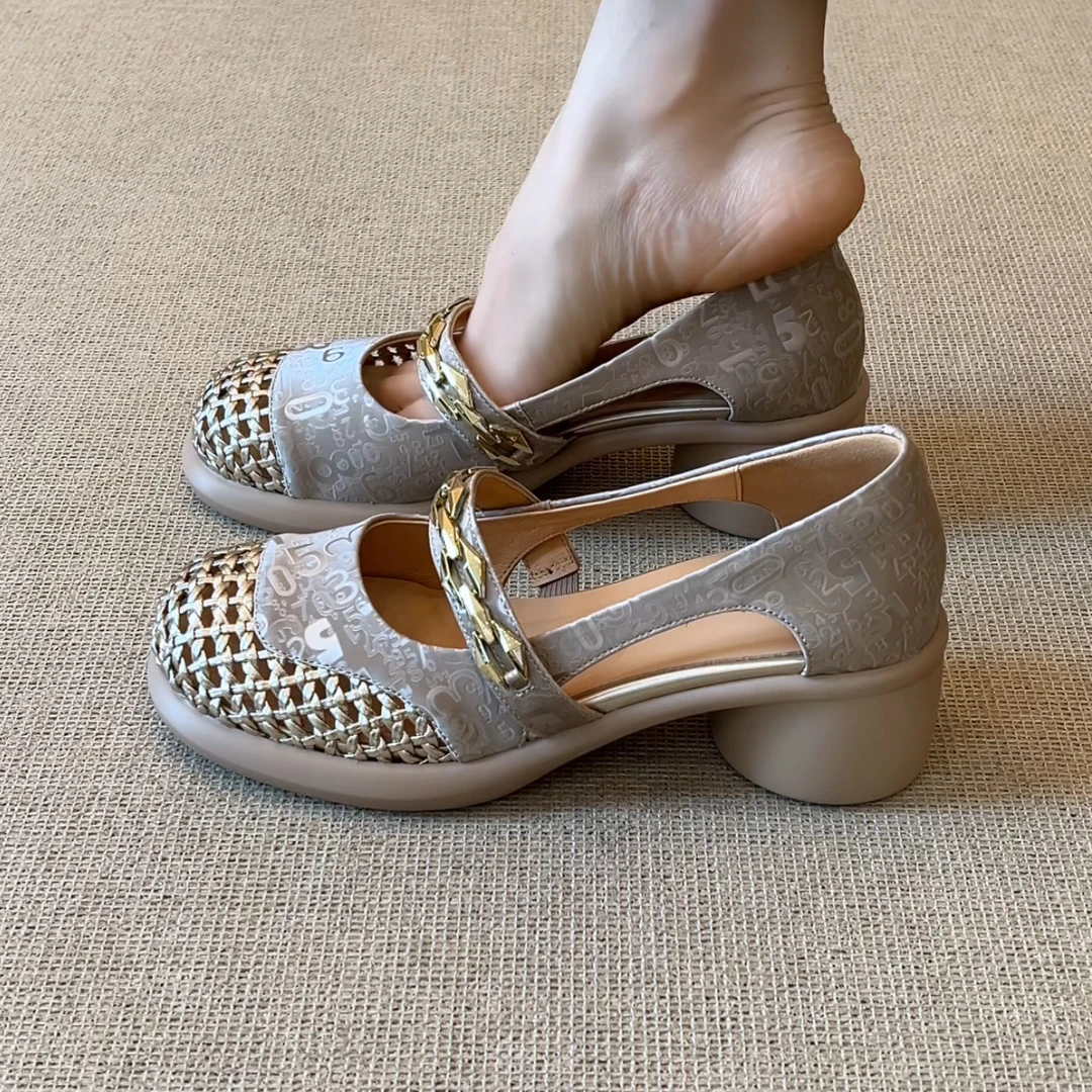 RubyL/5cm夏季新款时尚森系百搭圆头编织透气舒适拼色浅口单鞋