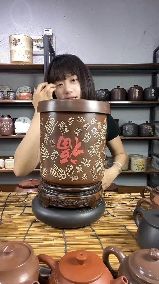 17建水紫陶手工百福彩填醒茶罐