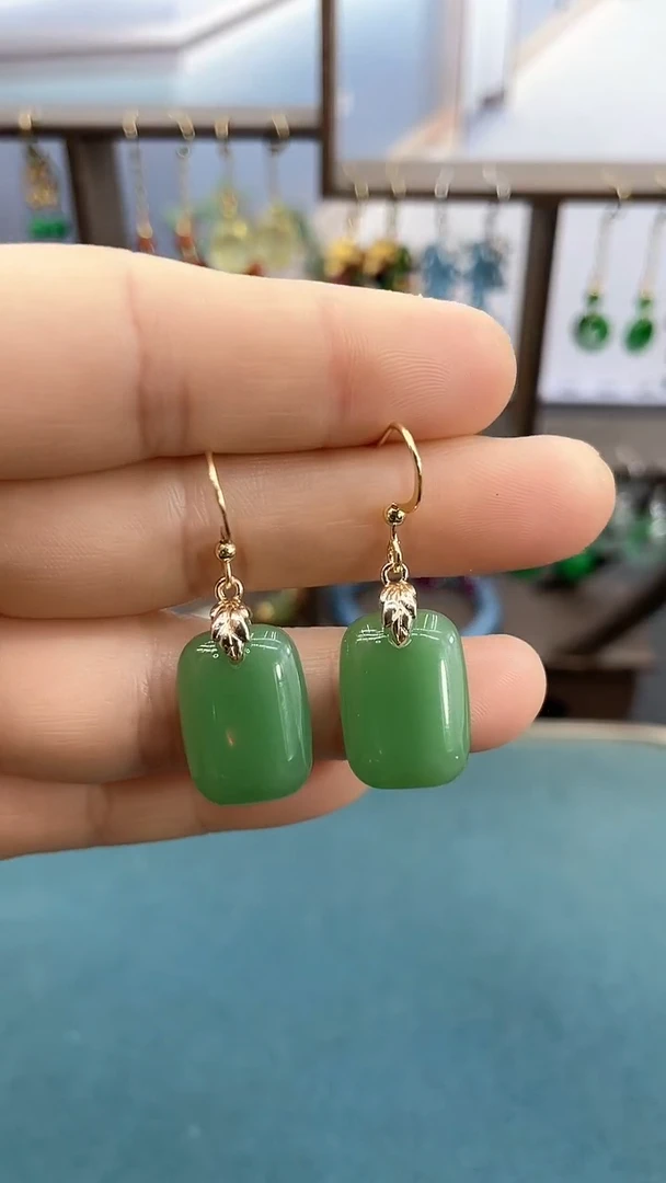 14K金镶嵌东陵石耳饰东陵玉*无事牌耳钩