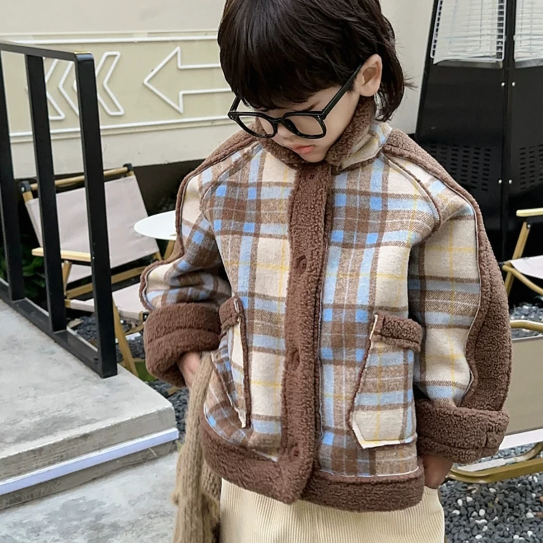 【清完不补】女童男童格子加绒外套秋冬季外穿上衣女童女孩女童外套