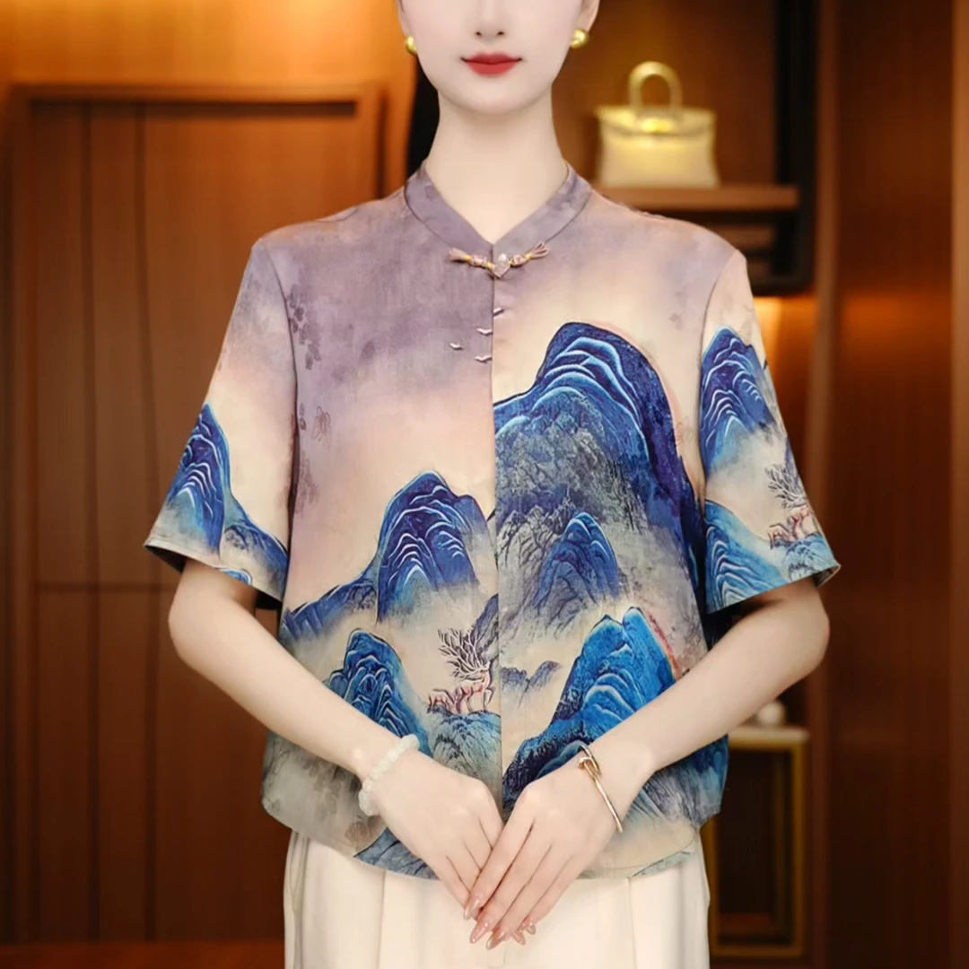 深圳新中式夏季国风上衣上新百搭气质印花款遮肉显瘦短袖-Y250329