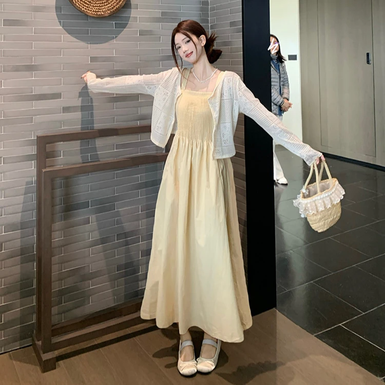 大码女装夏季新款时尚气质显瘦中长款吊带连衣裙长袖开衫两件套女