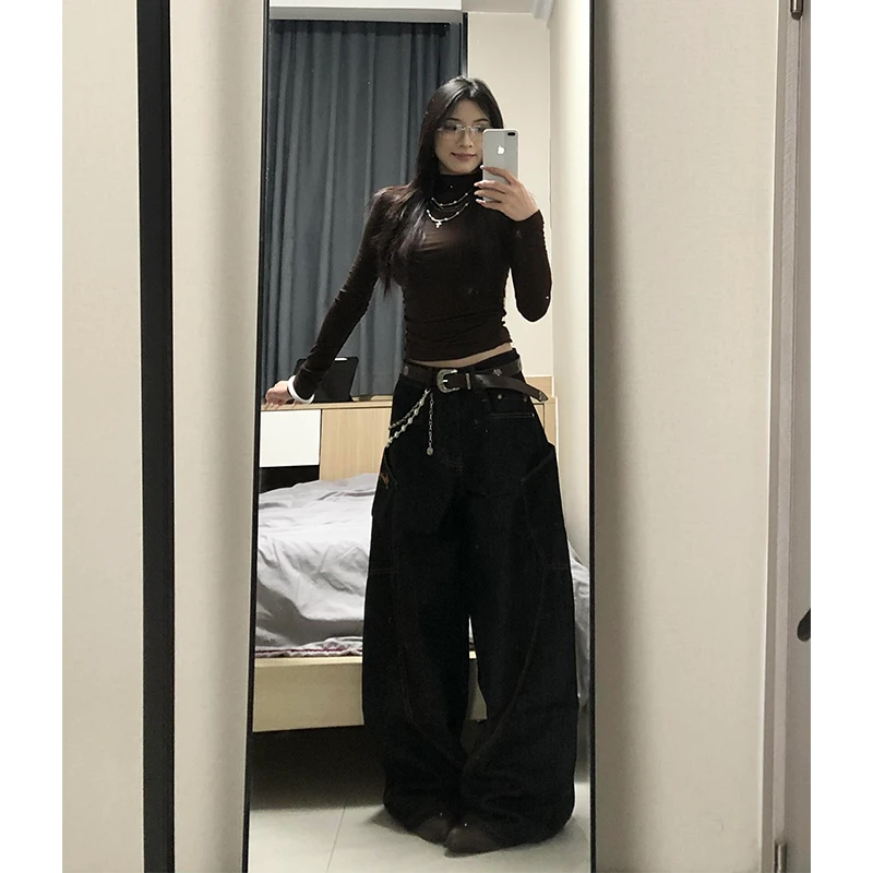 300斤胖mm美式复古弯刀牛仔裤女春季新款大码高腰显瘦遮胯阔腿裤2