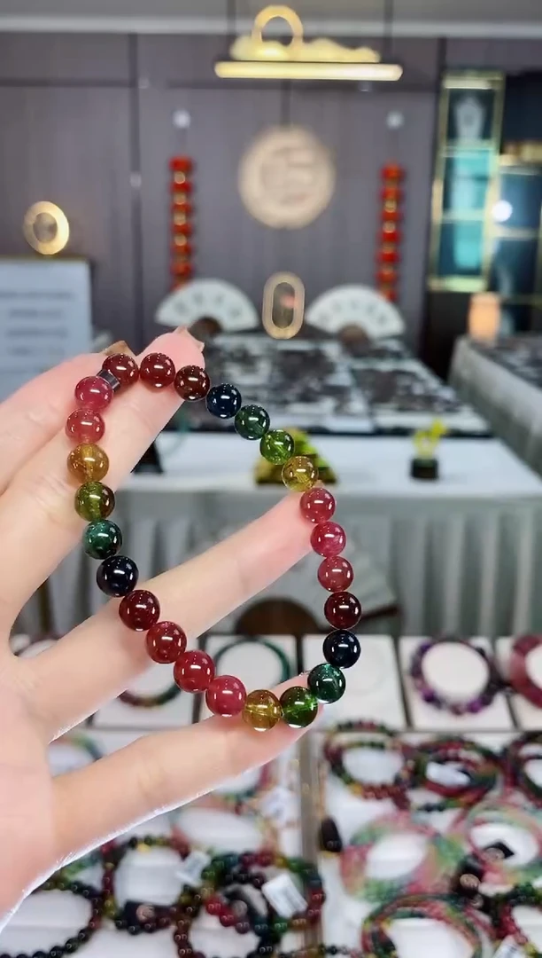 老矿碧玺色标彩虹透体单圈手串7mm+未镶嵌碧玺dan多样性发货一条