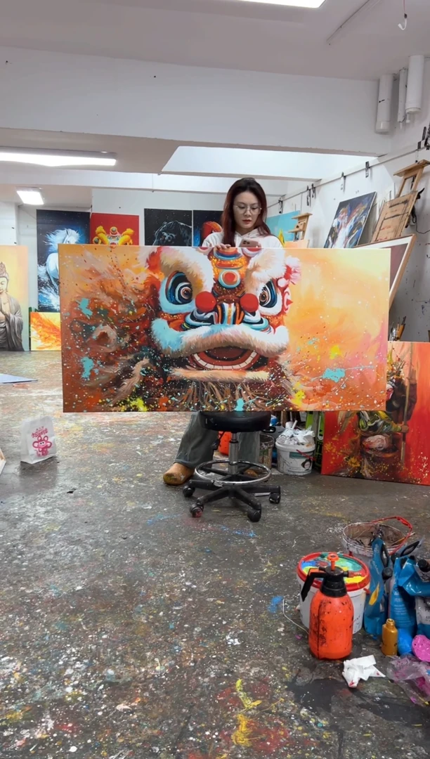 【闪购商品】丙烯画大树老师横板彩色醒狮加框