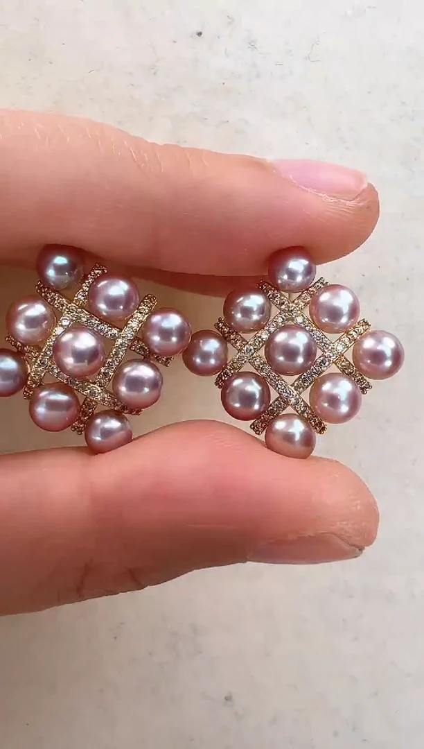 【闪购商品】拼合珍珠（马贝珠）耳饰合金紫珠棋盘