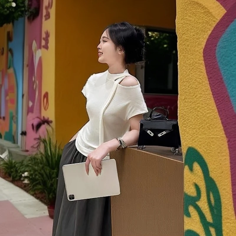 轻熟风露肩镂空休闲短袖上衣飘带设计气质修身半身裙套装白色夏季