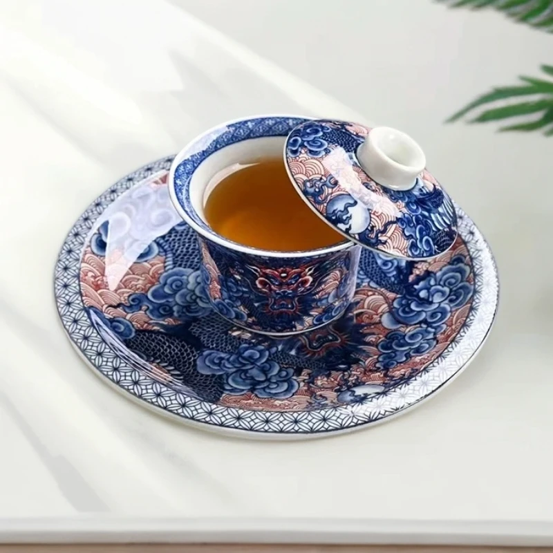 可旋转三才盖碗家用功夫茶具景德镇仿古青花龙纹中式悬停盖碗茶杯