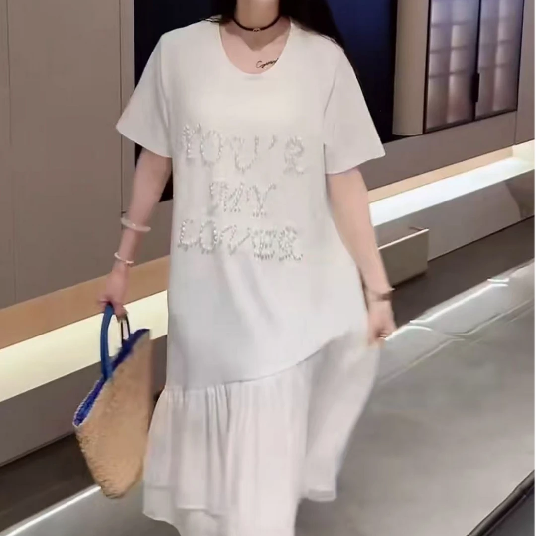 2025夏季新款气质时尚减龄百搭字母长裙欧根纱拼接女士裙子