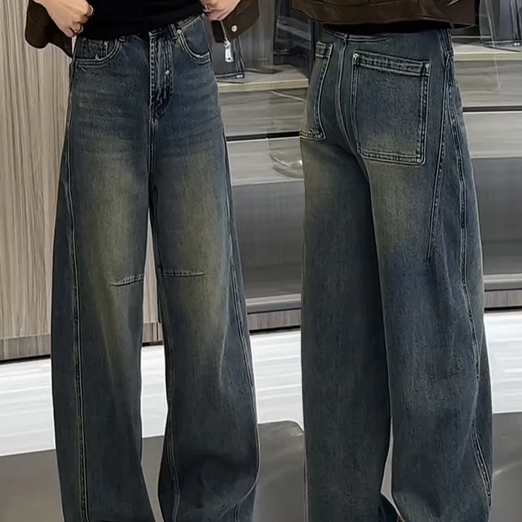 加绒加厚阔腿牛仔裤女秋冬季2025年新款大码胖mm显瘦直筒弯刀裤子