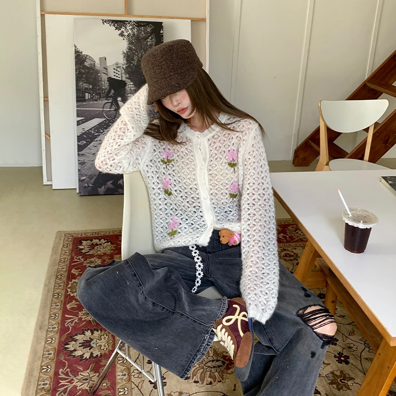 河岸家买手店YANAG短款迷雾里的花朵刺绣镂空针织开衫女25秋新款