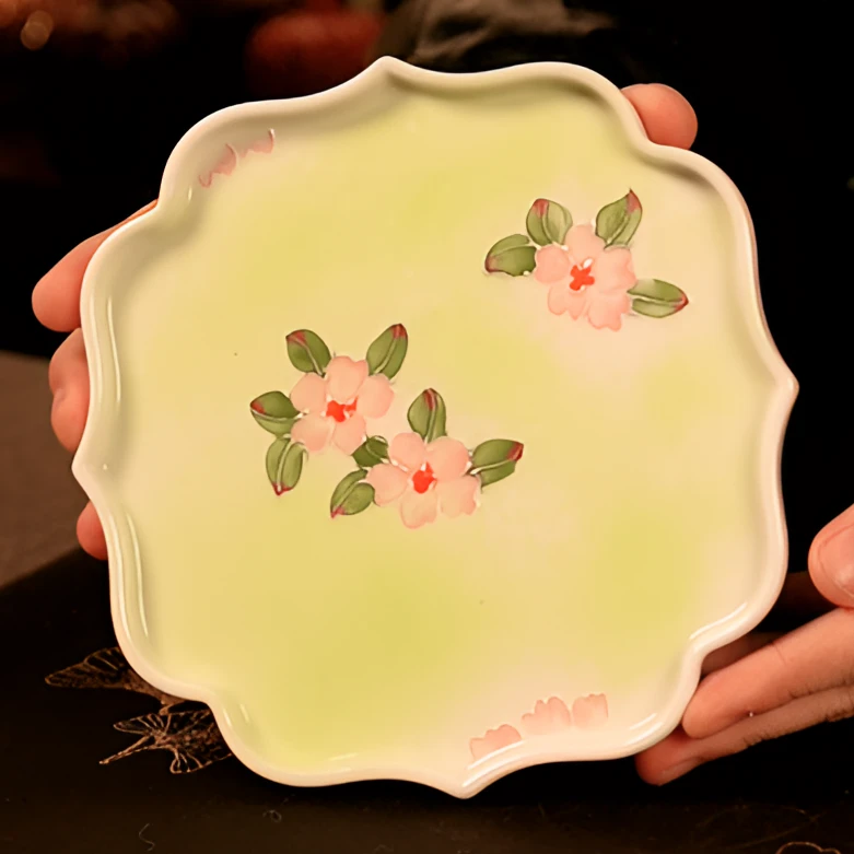 冰绿桃花纯手绘堆雕隔热陶瓷茶具壶承