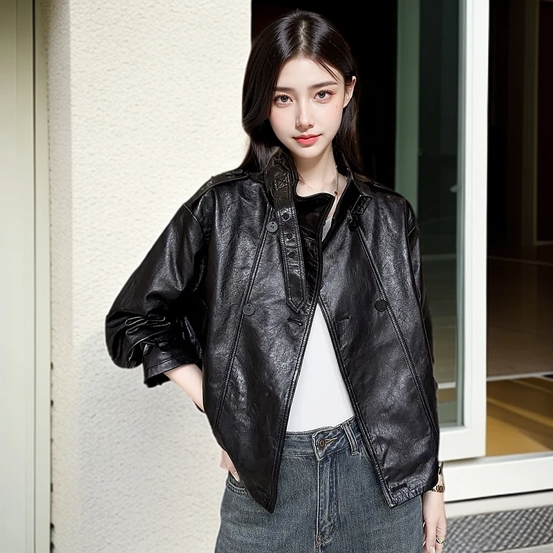 海宁真皮皮衣女装外套机车款时尚大气经典翻领显瘦休闲百搭宽松