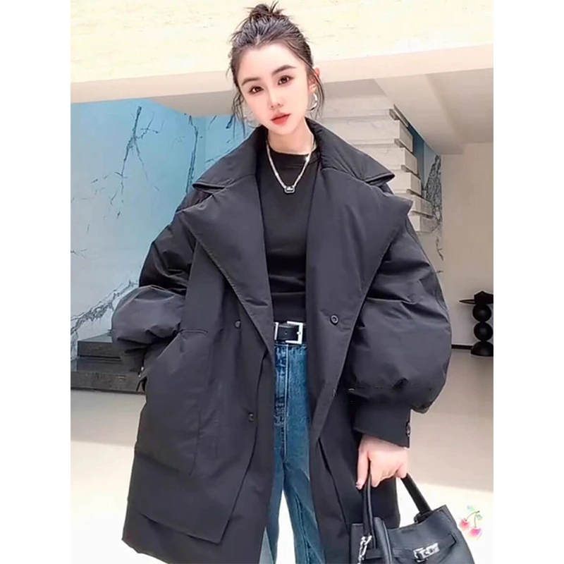 欧货2025冬季新款时尚百搭显瘦设计宽松显瘦纯色单排扣翻领羽绒服