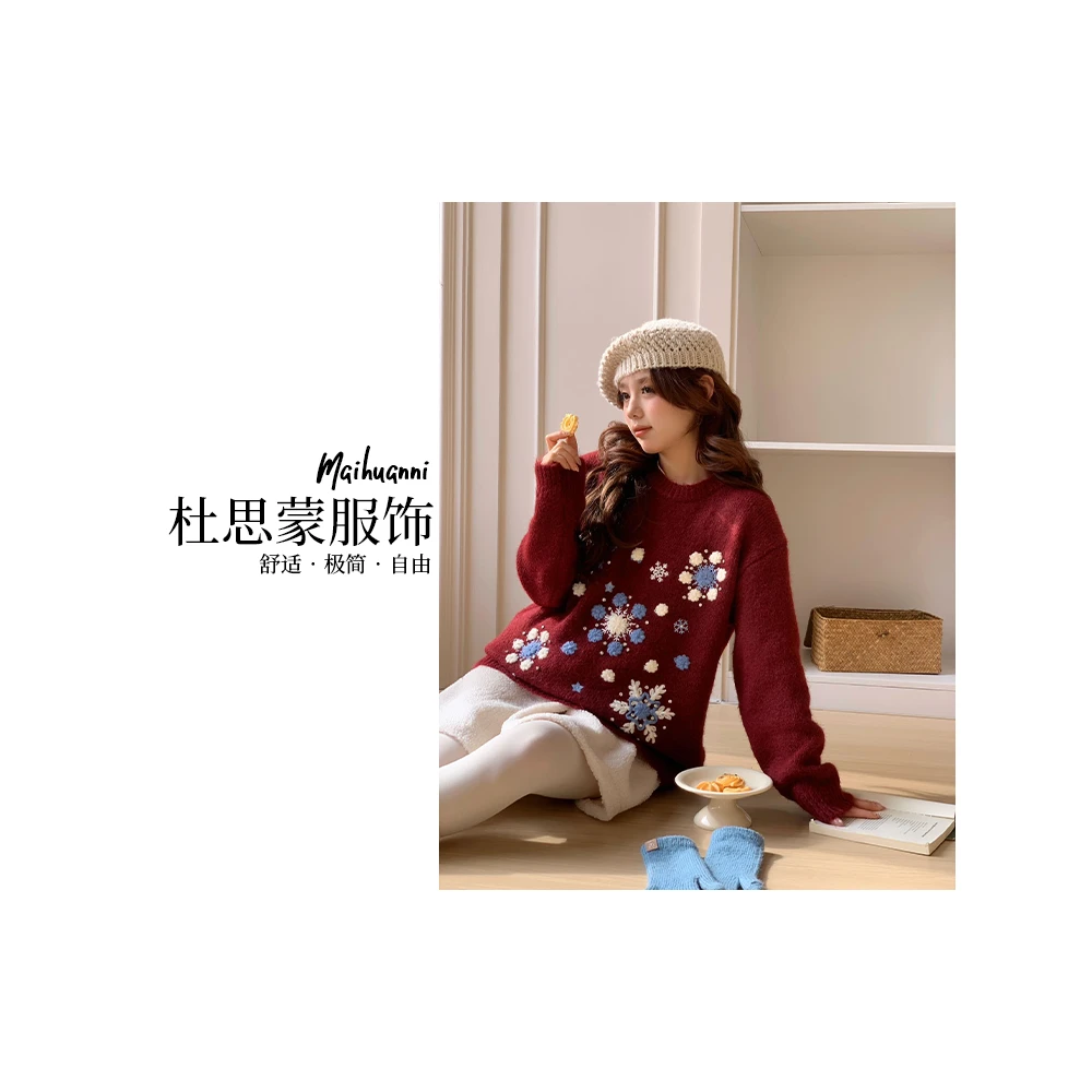 （杜思蒙服饰）00172-【初雪】韩系多种多样亮闪雪花长袖圆领毛衣