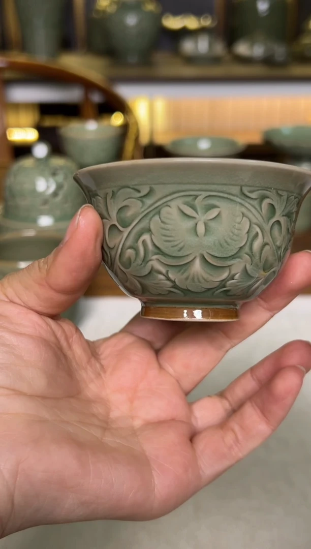 陶瓷耀州窑纯手工缠枝牡丹压手杯正品一只