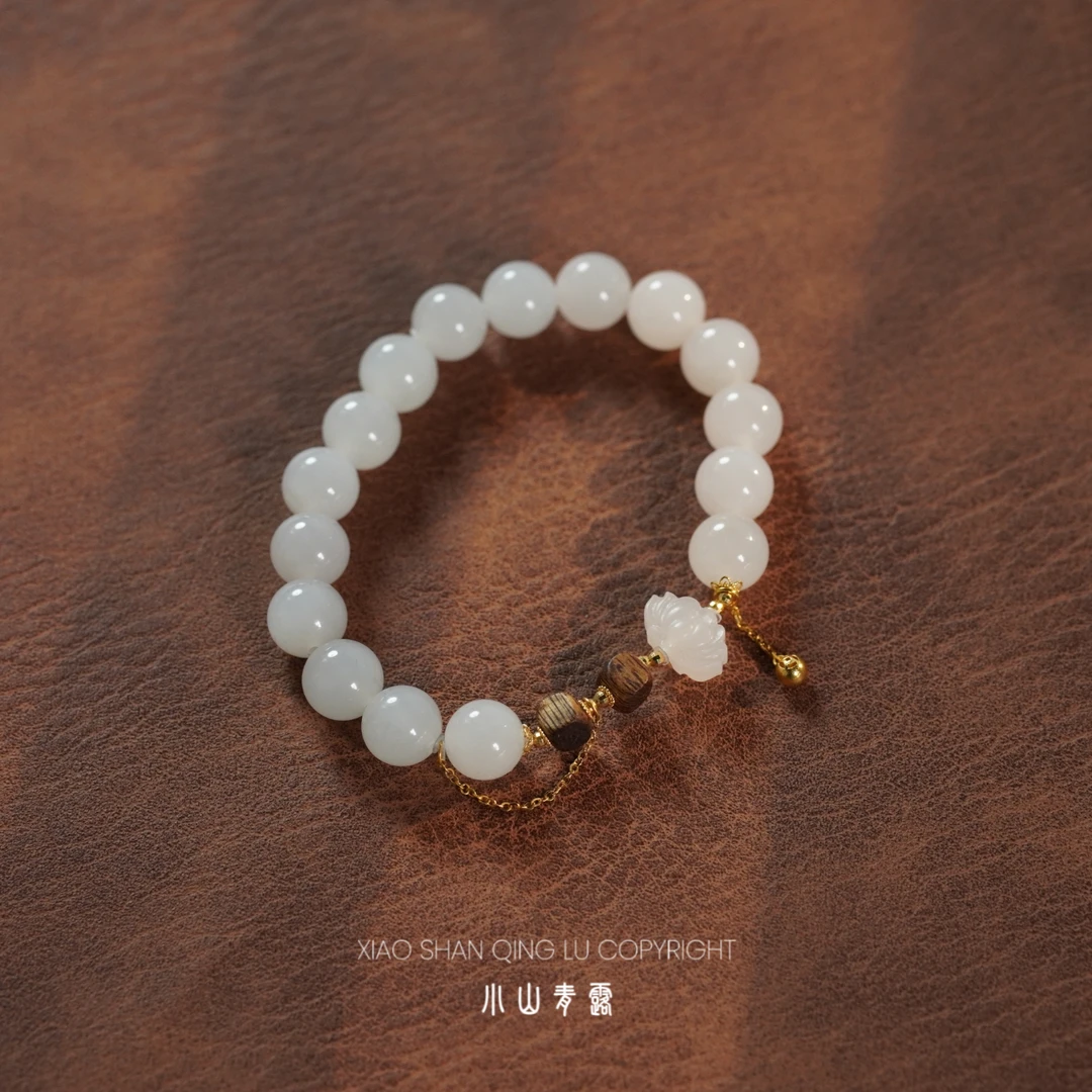 孤品【FG1022】精品挑珠和田白玉莲花手串18K金镶嵌 长17cm 珠9.5mm