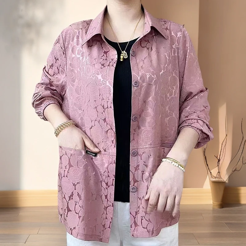 双喜玫瑰时尚翻领纯色薄款中老年女士透气防晒衣春夏季长袖外套潮