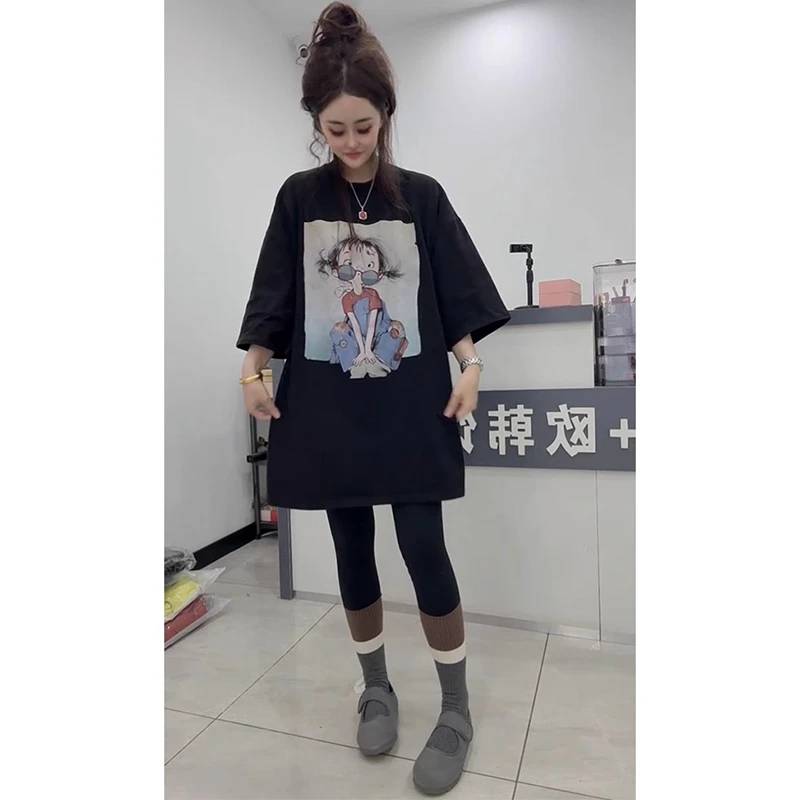 欧洲站2025秋季新款时尚洋气百搭宽松显瘦字母印花中长款圆领T恤