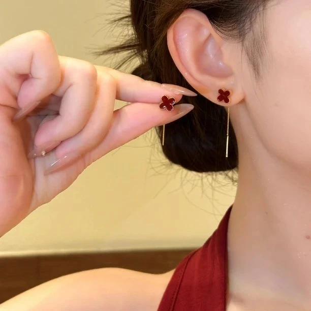 【幸运四叶草】红色流苏耳线小众高级感耳环2025新款爆款耳饰
