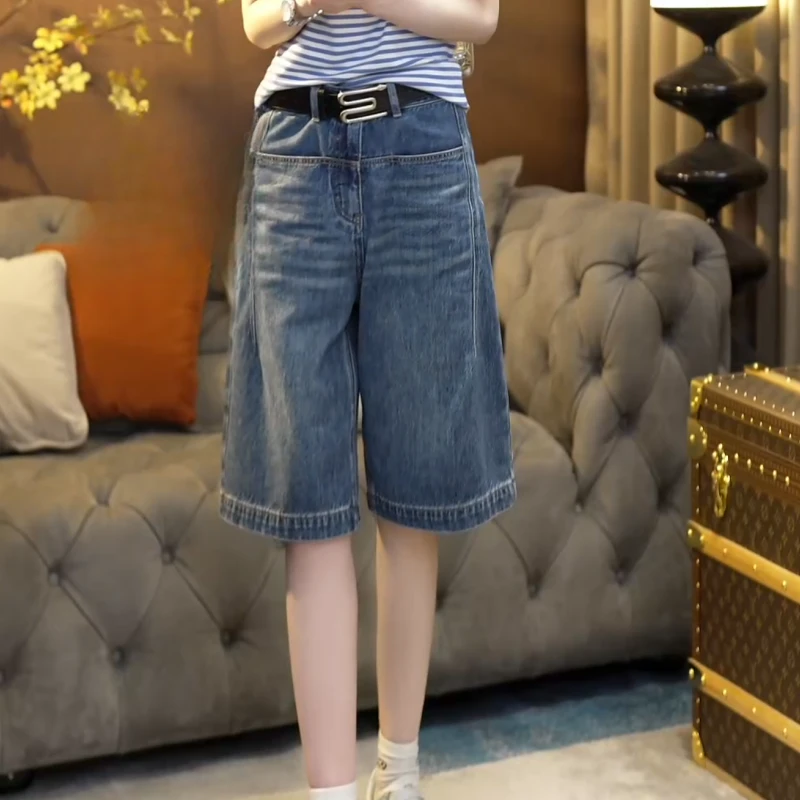 2025年新款高腰显瘦a字阔腿复古蓝五分牛仔短裤薄款LK2503253