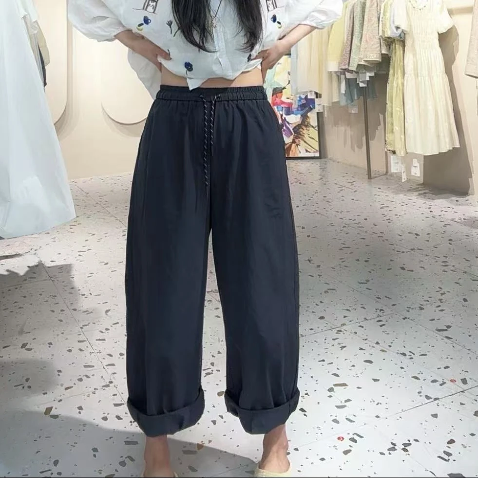 【AZ-裤子】2025夏装通勤网红风休闲气球宽松抽绳松紧腰阔腿九分裤