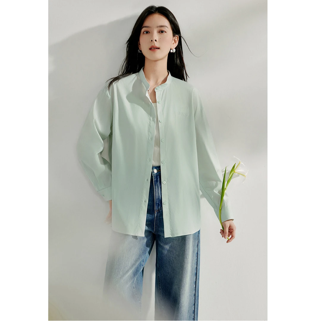 【欧若风新品】茵曼春季法式通勤内搭立领衬衫气质高端白色长袖衬衣