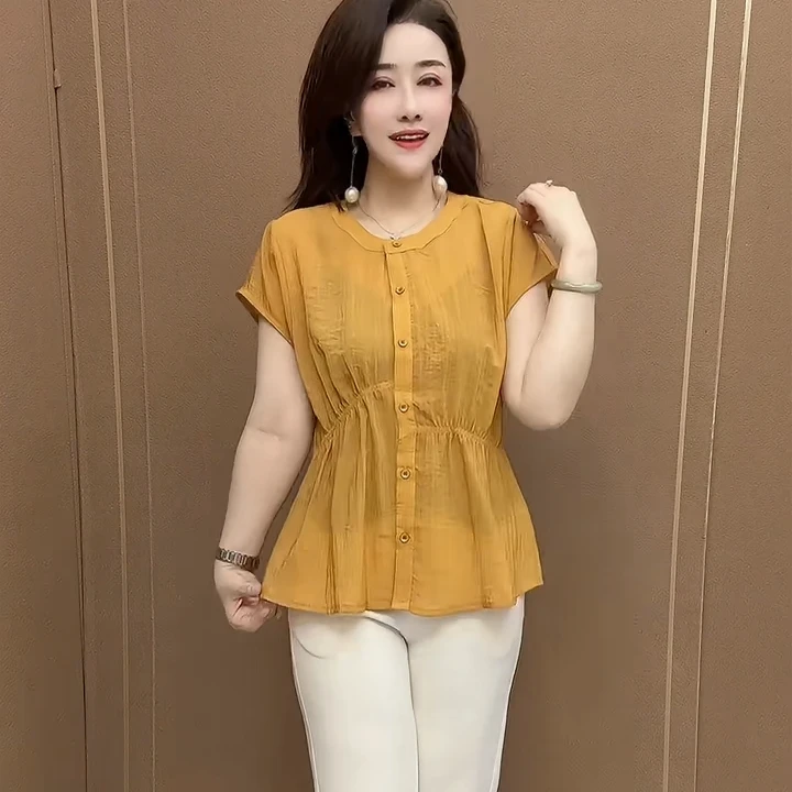 时尚休闲百搭收腰大码妈妈装小衫夏季拼接圆领纯色遮肚子短袖衬衫