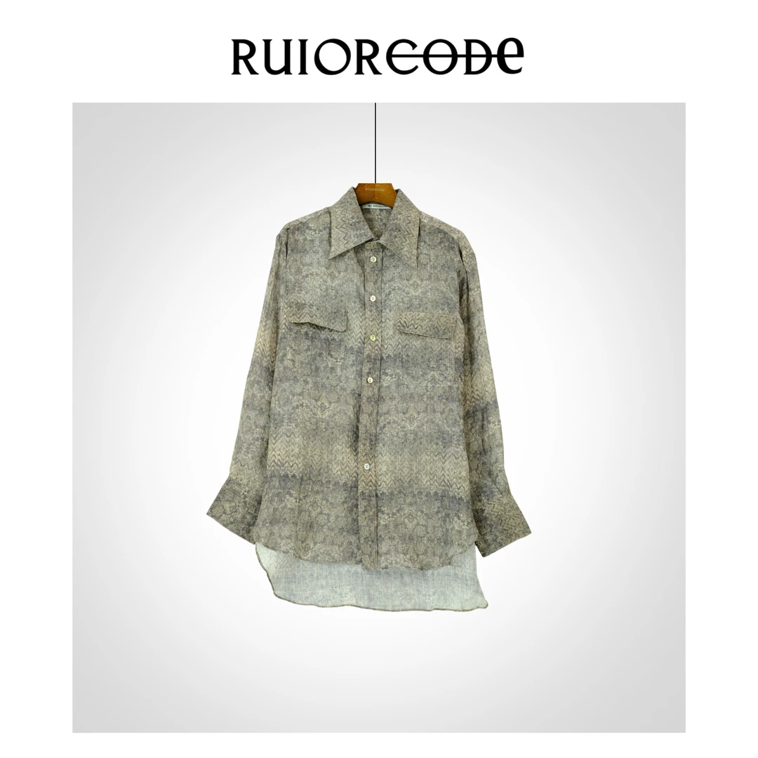 【RUIORCODE】满印大尖翻领飘逸长袖亚麻衬衫  理性消费