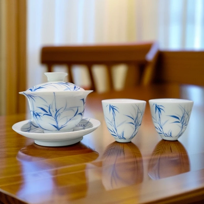 【小乔赏瓷】 景德镇手工手绘竹盖碗加竹杯