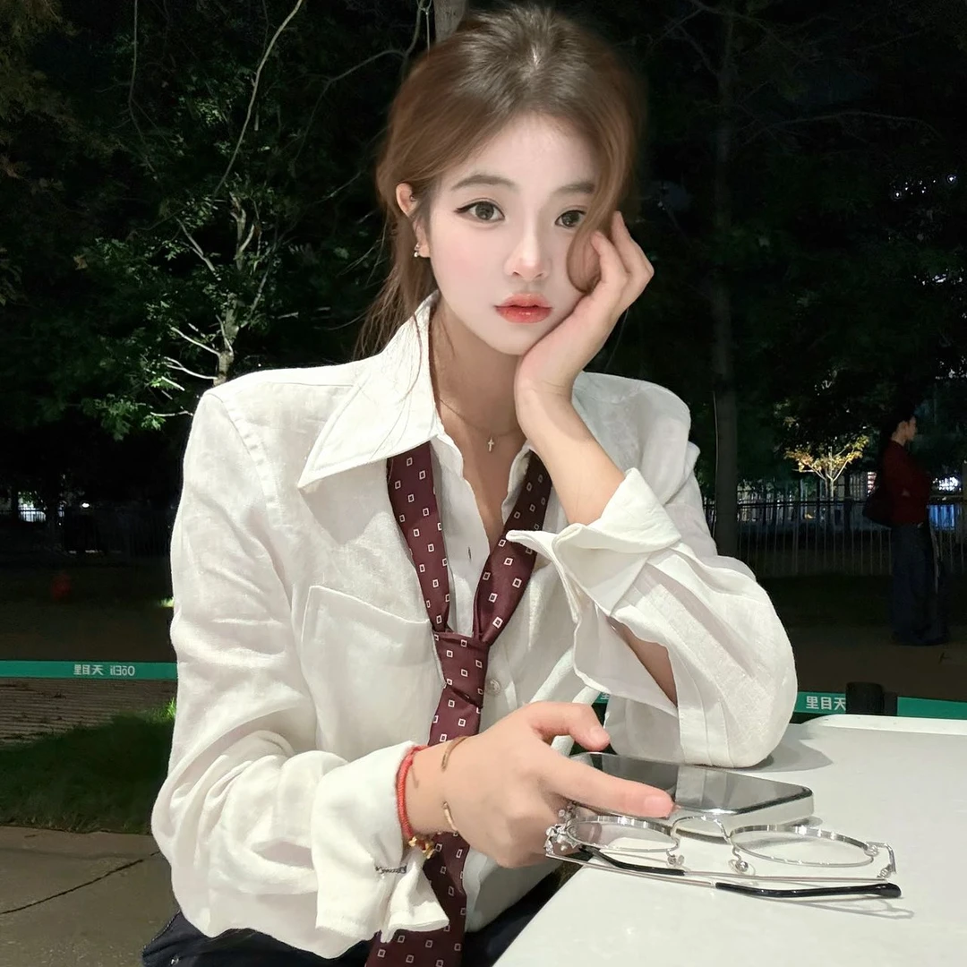 韩版气质白色衬衫女2025早秋新款洋气时尚宽松显瘦上衣长袖衬衣潮