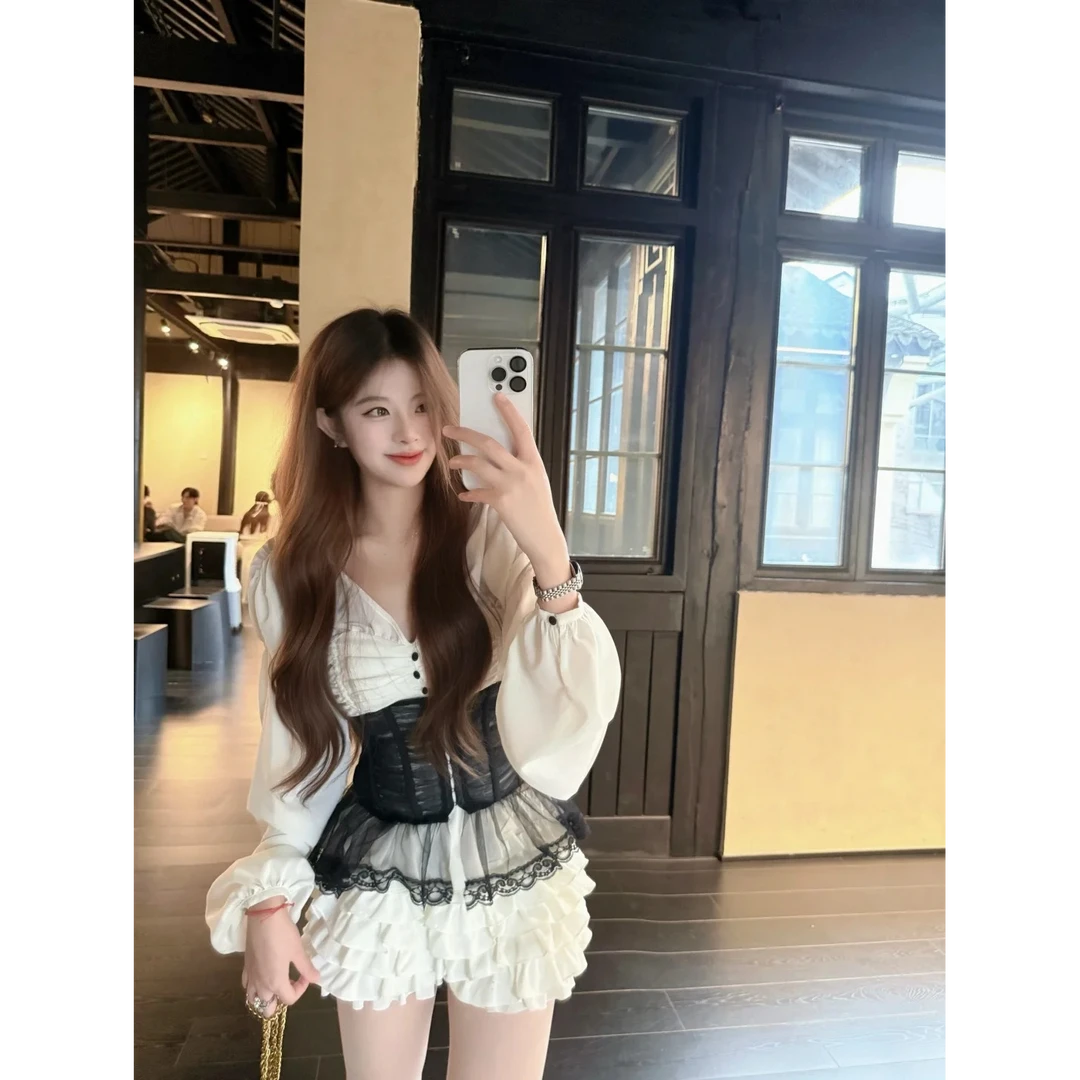 【拜占庭】纯欲性感辣妹气质长袖V领上衣+裙裤+腰封2025秋季套装女