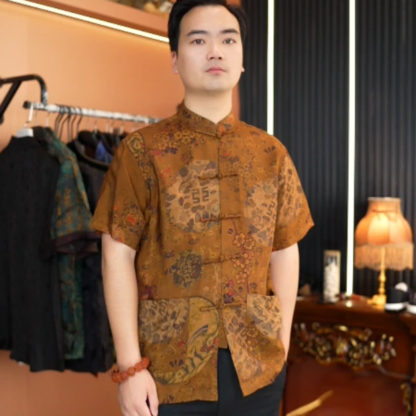 花开富贵香云纱男夏季真丝桑蚕丝绸中国风男装复古薄款印花