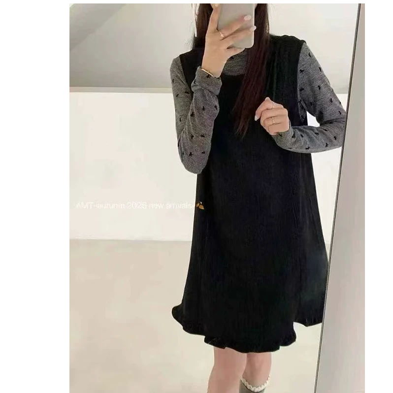 D8071秋季新款小个子韩版甜美蝴蝶结长袖打底衫+背心连衣裙两件套