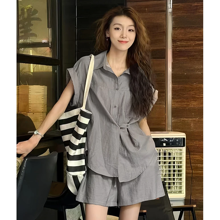 2025新款夏季时尚套装显瘦洋气质亚麻短袖衬衫阔腿短裤两件套女