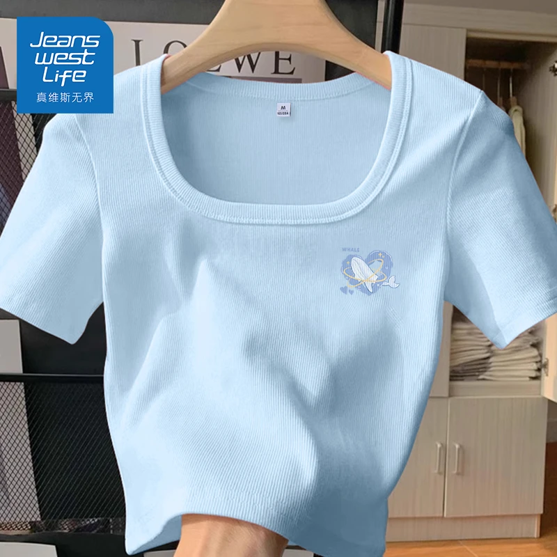 真维斯无界蓝色方领短袖女2025夏季新款欧若风修身显瘦高级感上衣