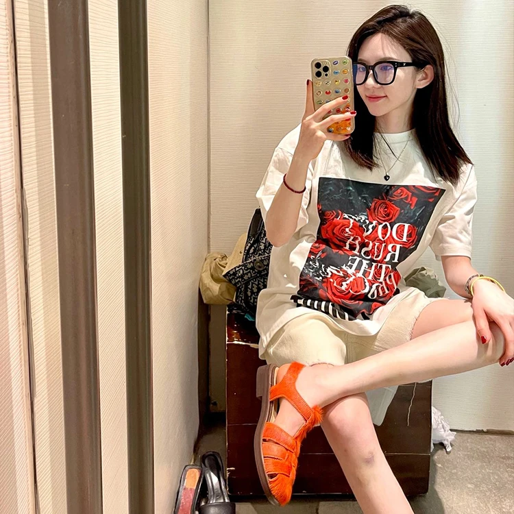 2025夏季新款独特设计上衣超好看美式复古宽松白色印花短袖t恤女