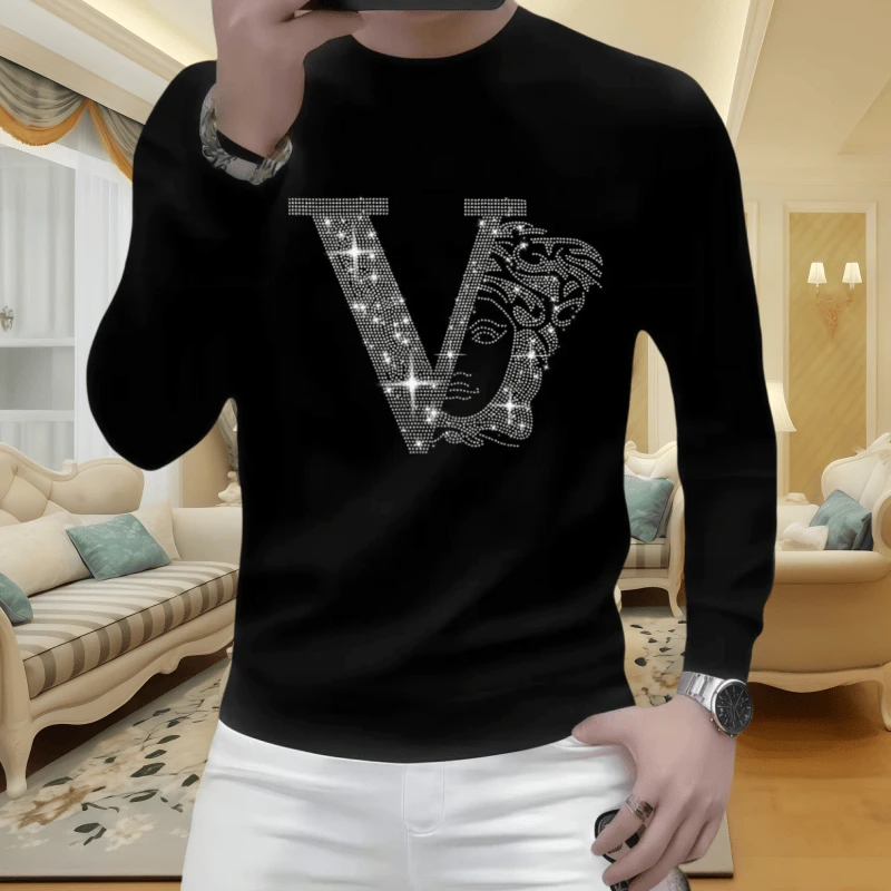 欧货男士新款烫钻长袖上衣时尚休闲潮流修身圆领百搭秋冬套头卫衣
