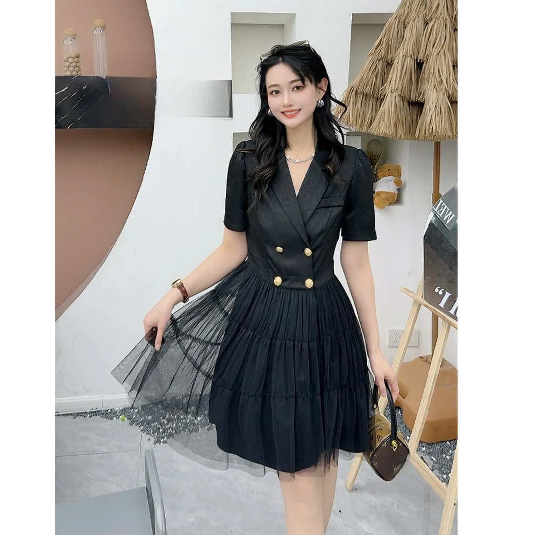 设计感网纱西装连衣裙2025夏季新款小众高级修身蛋糕裙HJ-1741