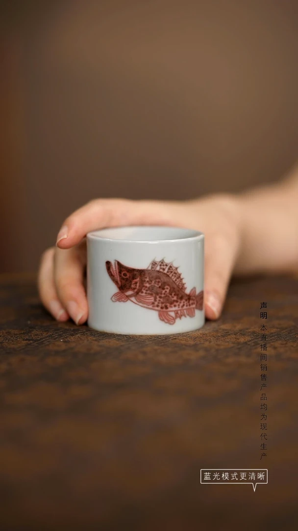 瓷片景德镇斌芬陶瓷/红玉墩墩盖置鱼藻红