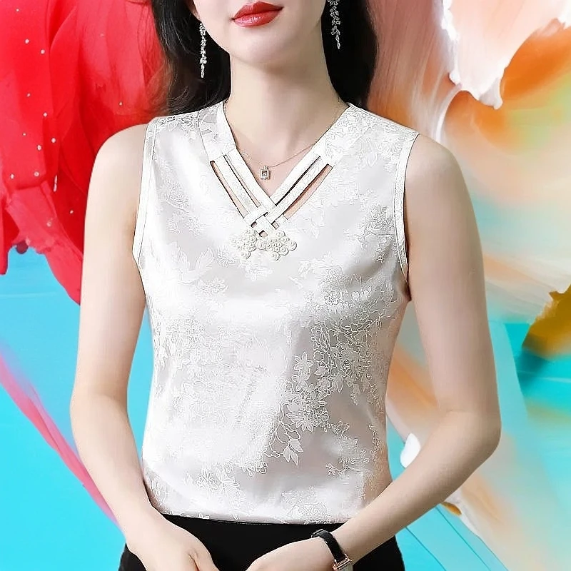 新中式国风女外穿夏大码显瘦缎面蕾丝提花打底衫无袖v领内搭T恤