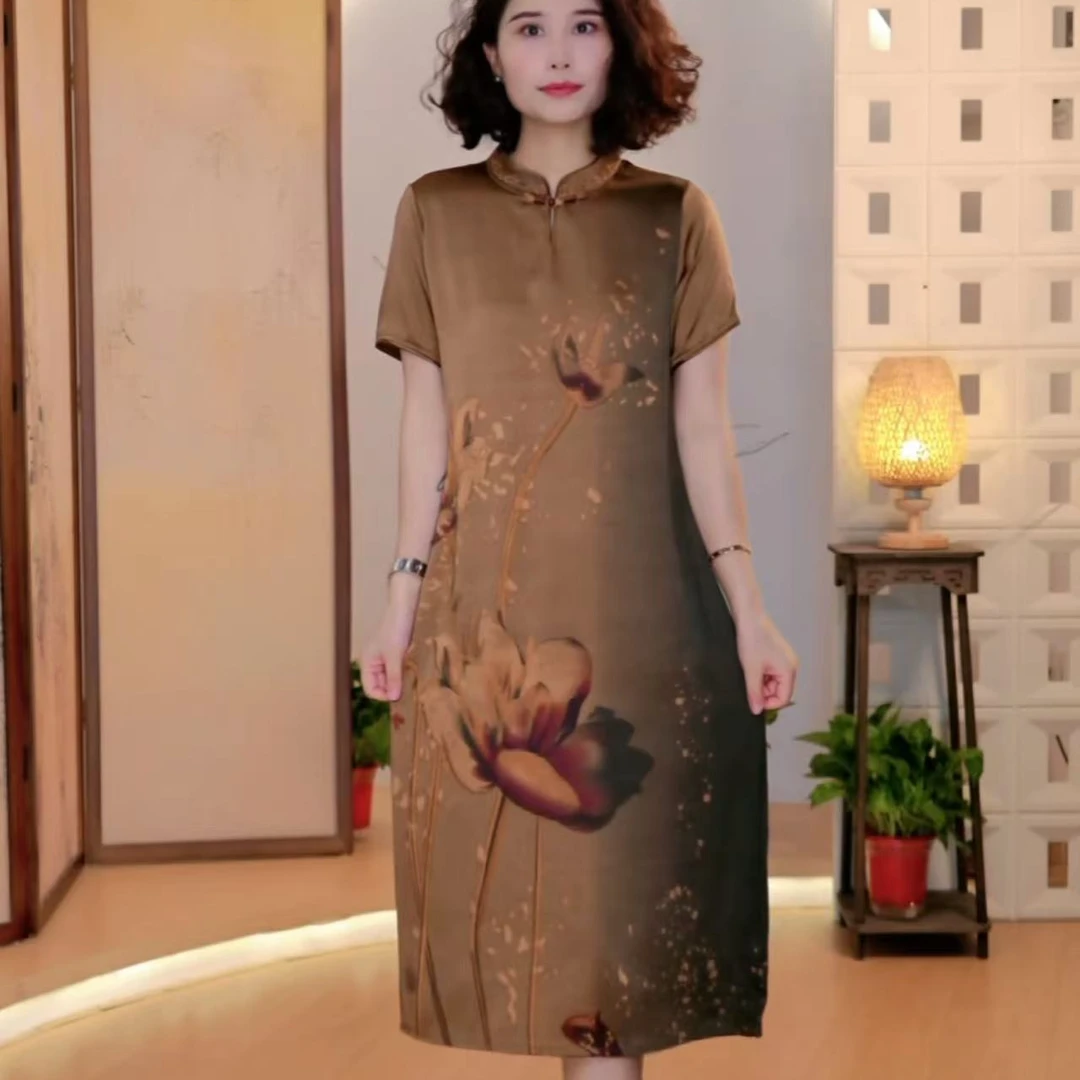 刺绣领一粒扣卡其色连衣裙B2-32