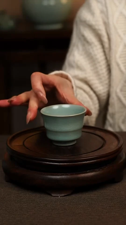 瓷片仿古天青全手工敞口竹节杯90ml 微瑕 不带礼盒