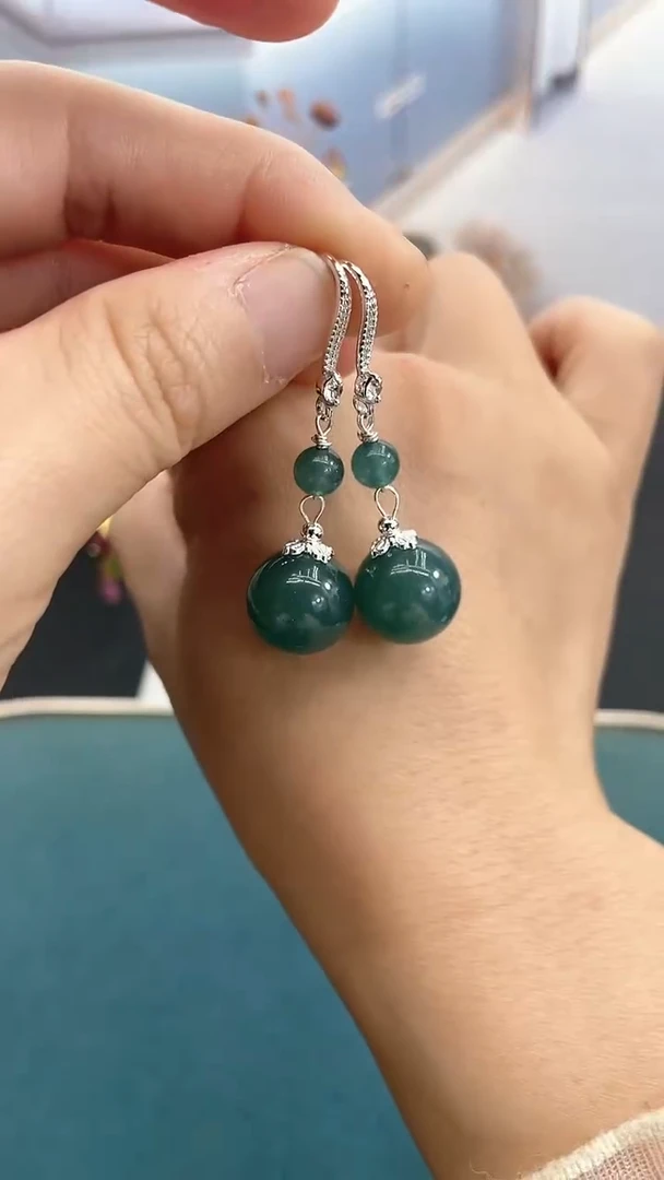 未镶嵌翡翠耳饰14mm蓝水双珠